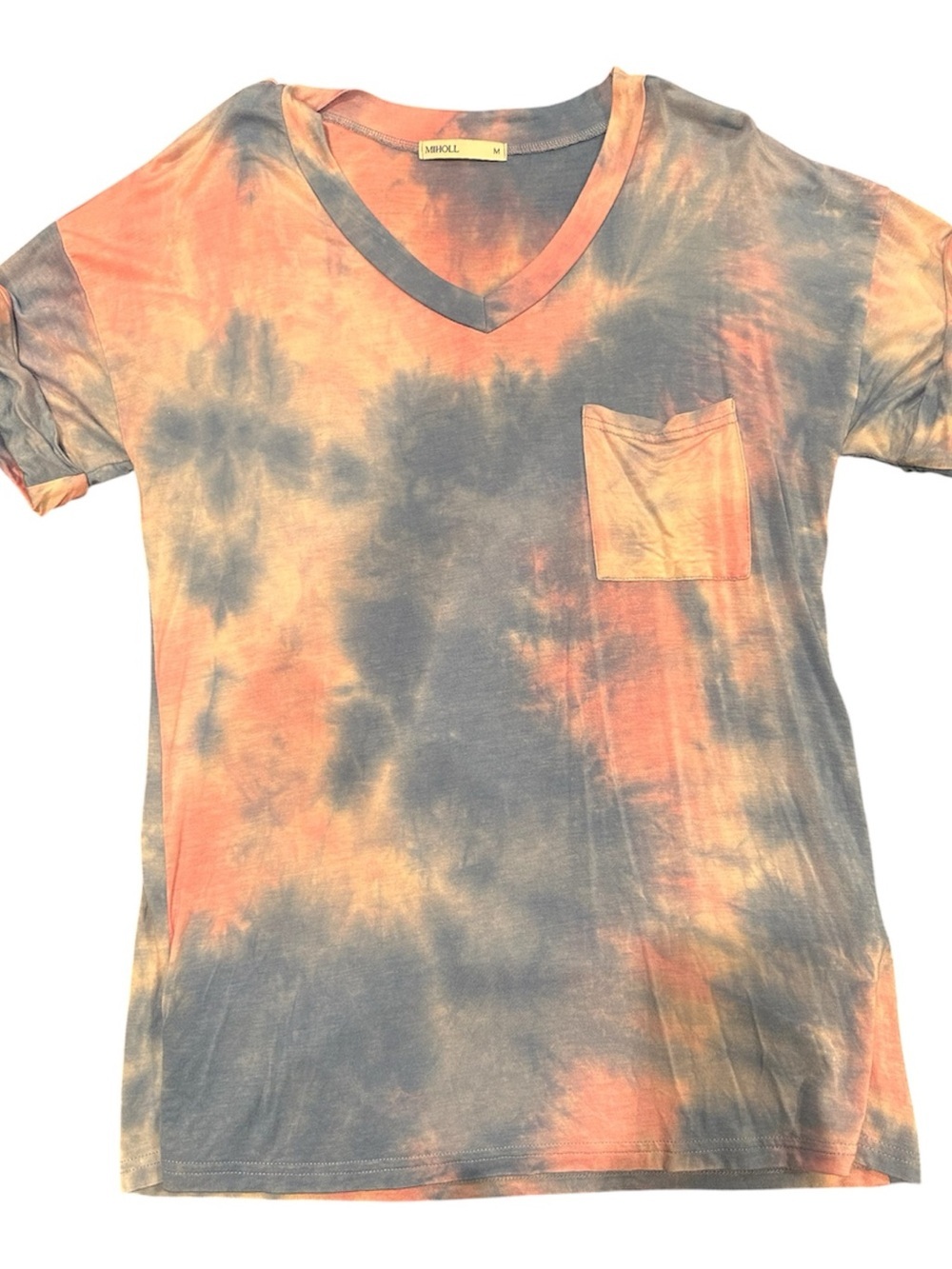 MIHOLL Tie-Dye V-Neck Tee in Pink & Blue